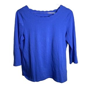 Talbots Blue Scallop Neck Line 3 Quarter Inch Top Prima Cotton